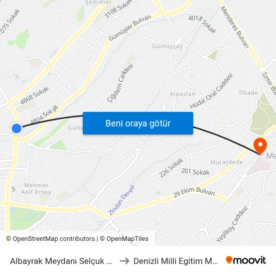 Albayrak Meydanı Selçuk Bey - 474 to Denizli Milli Egitim M?d?rl?g? map