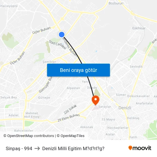 Sinpaş - 994 to Denizli Milli Egitim M?d?rl?g? map