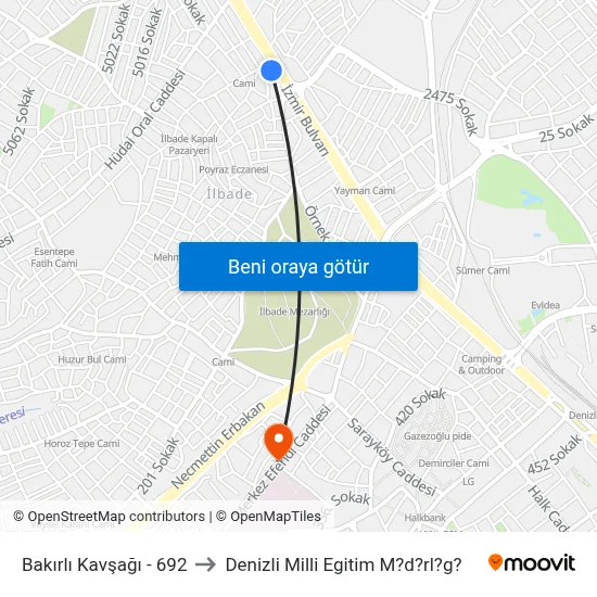 Bakırlı Kavşağı - 692 to Denizli Milli Egitim M?d?rl?g? map