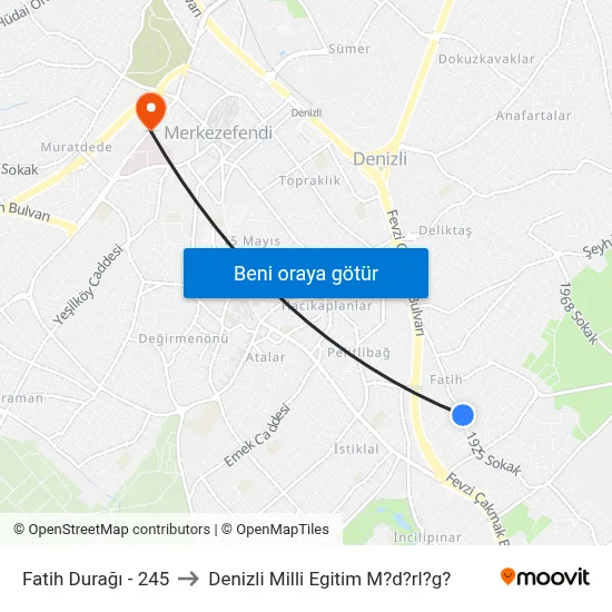 Fatih Durağı - 245 to Denizli Milli Egitim M?d?rl?g? map