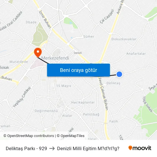 Deliktaş Parkı - 929 to Denizli Milli Egitim M?d?rl?g? map