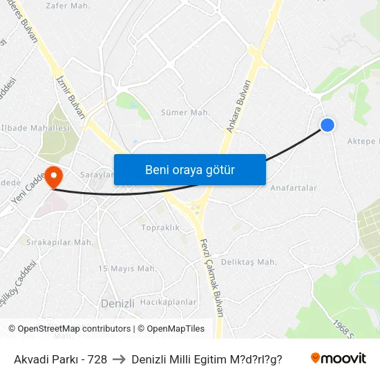 Akvadi Parkı - 728 to Denizli Milli Egitim M?d?rl?g? map