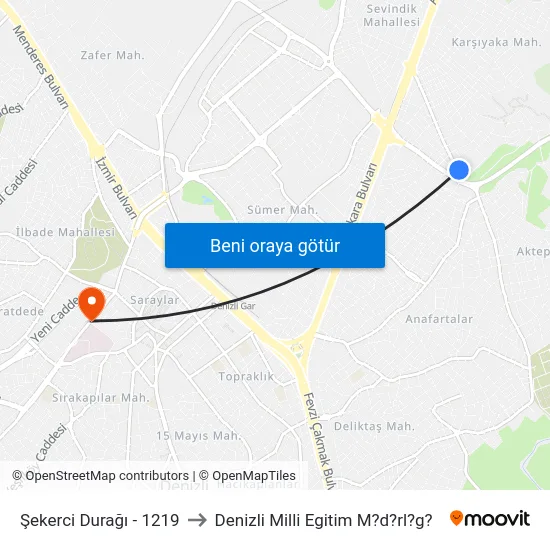Şekerci Durağı - 1219 to Denizli Milli Egitim M?d?rl?g? map