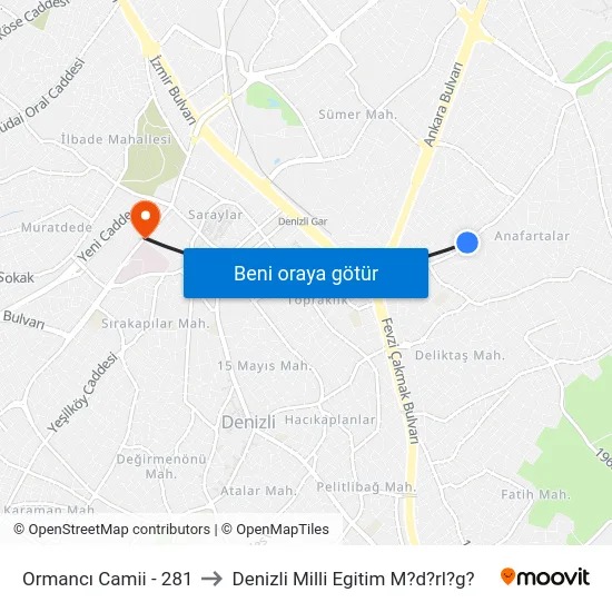 Ormancı Camii - 281 to Denizli Milli Egitim M?d?rl?g? map