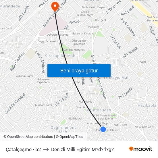 Çatalçeşme - 62 to Denizli Milli Egitim M?d?rl?g? map