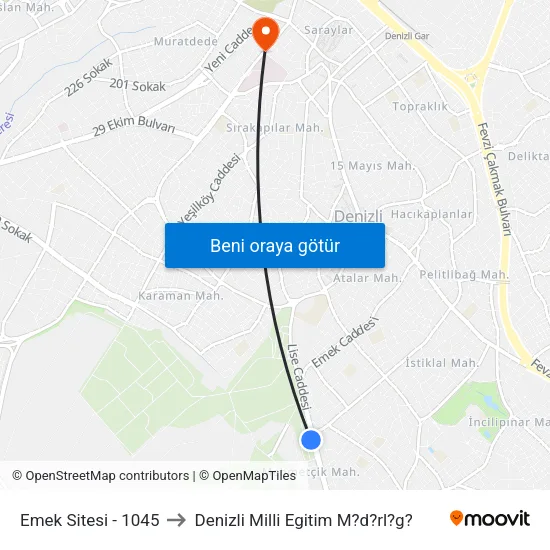 Emek Sitesi - 1045 to Denizli Milli Egitim M?d?rl?g? map