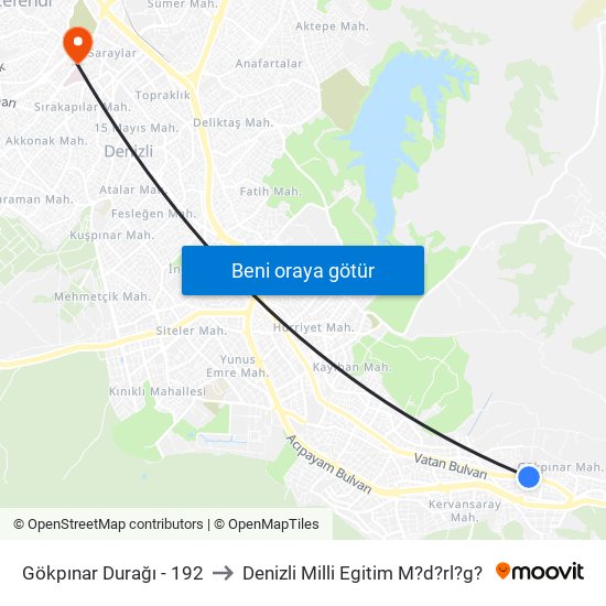 Gökpınar Durağı - 192 to Denizli Milli Egitim M?d?rl?g? map