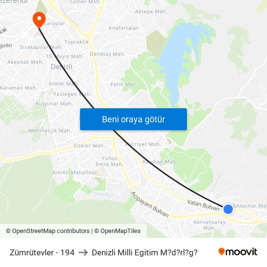 Zümrütevler - 194 to Denizli Milli Egitim M?d?rl?g? map
