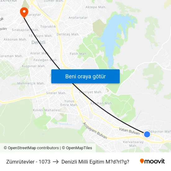 Zümrütevler - 1073 to Denizli Milli Egitim M?d?rl?g? map