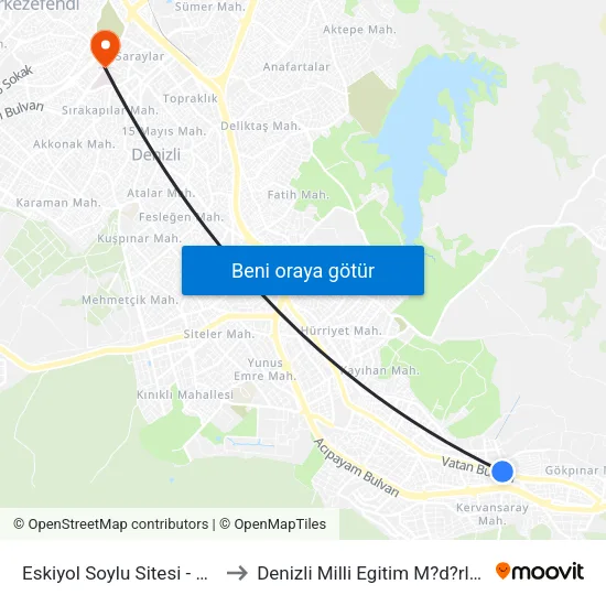 Eskiyol Soylu Sitesi - 197 to Denizli Milli Egitim M?d?rl?g? map