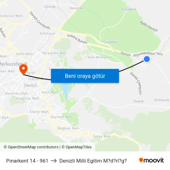 Pınarkent 14 - 961 to Denizli Milli Egitim M?d?rl?g? map