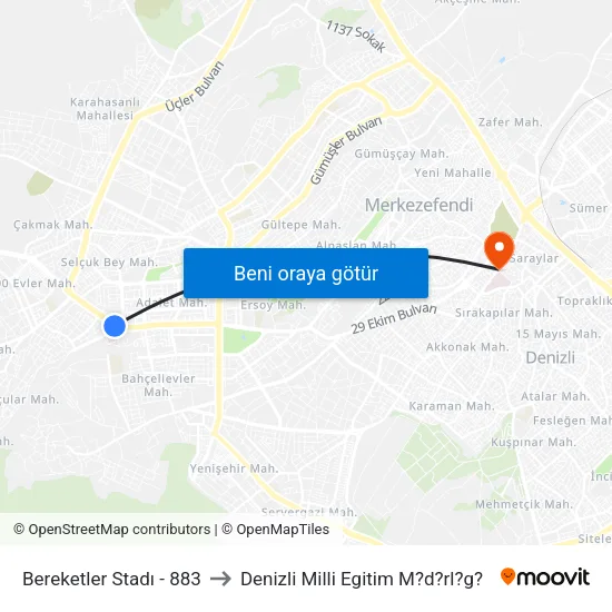 Bereketler Stadı - 883 to Denizli Milli Egitim M?d?rl?g? map