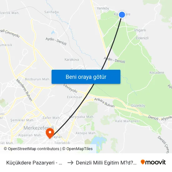 Küçükdere Pazaryeri - 1578 to Denizli Milli Egitim M?d?rl?g? map