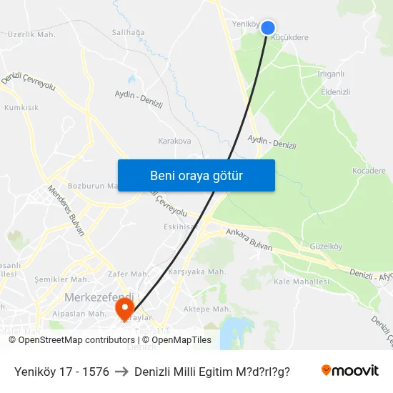 Yeniköy 17 - 1576 to Denizli Milli Egitim M?d?rl?g? map