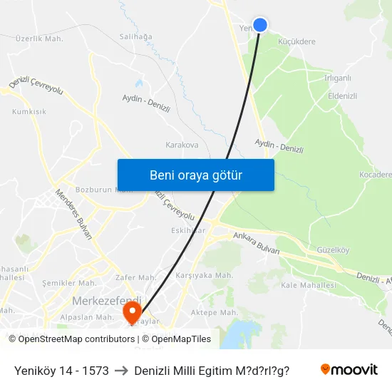 Yeniköy 14 - 1573 to Denizli Milli Egitim M?d?rl?g? map