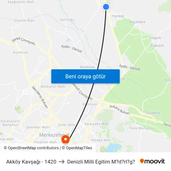 Akköy Kavşağı - 1420 to Denizli Milli Egitim M?d?rl?g? map