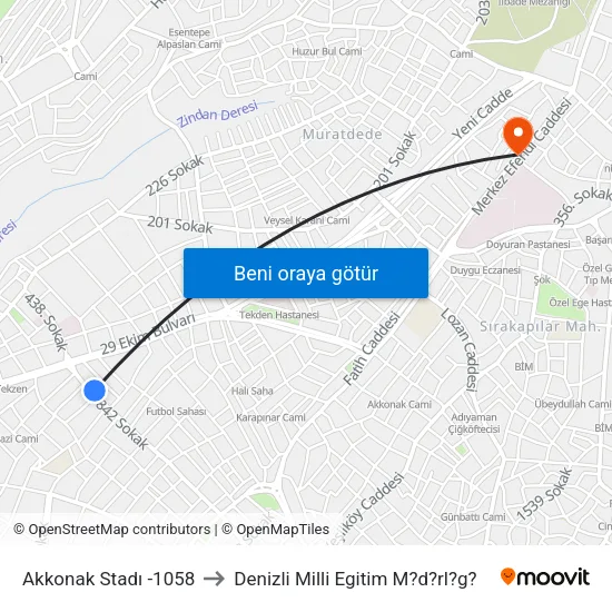 Akkonak Stadı -1058 to Denizli Milli Egitim M?d?rl?g? map