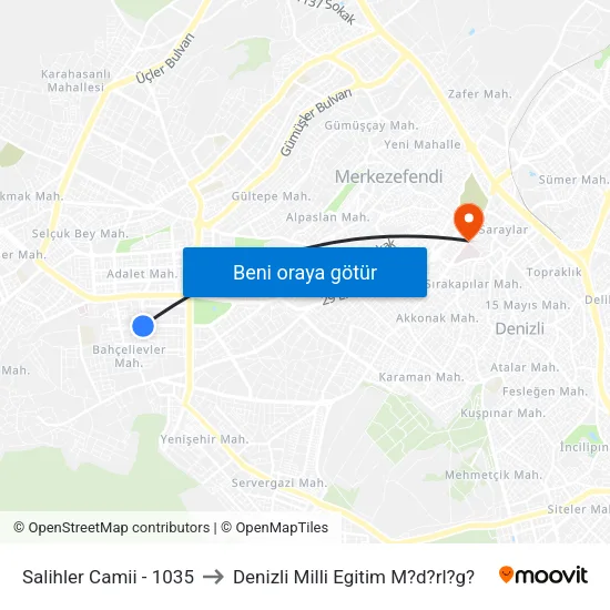 Salihler Camii - 1035 to Denizli Milli Egitim M?d?rl?g? map