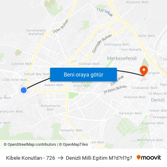 Kibele Konutları - 726 to Denizli Milli Egitim M?d?rl?g? map