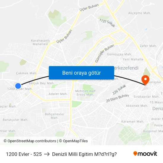 1200 Evler - 525 to Denizli Milli Egitim M?d?rl?g? map