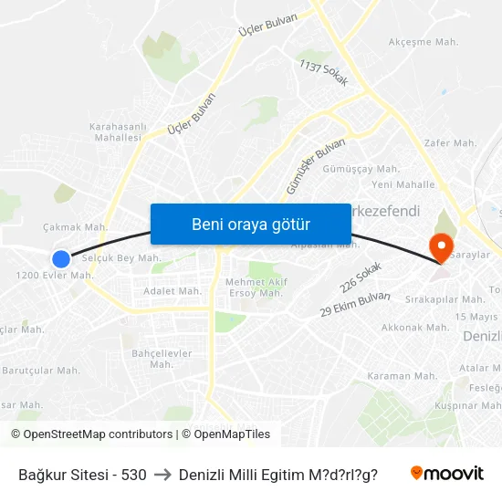 Bağkur Sitesi - 530 to Denizli Milli Egitim M?d?rl?g? map