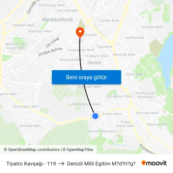 Tiyatro Kavşağı - 119 to Denizli Milli Egitim M?d?rl?g? map