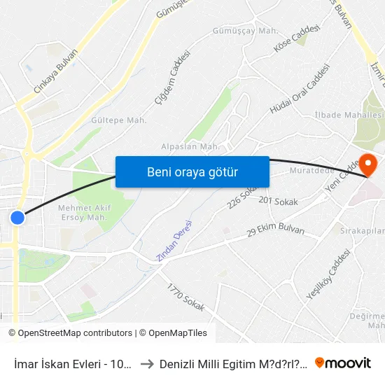 İmar İskan Evleri - 1039 to Denizli Milli Egitim M?d?rl?g? map