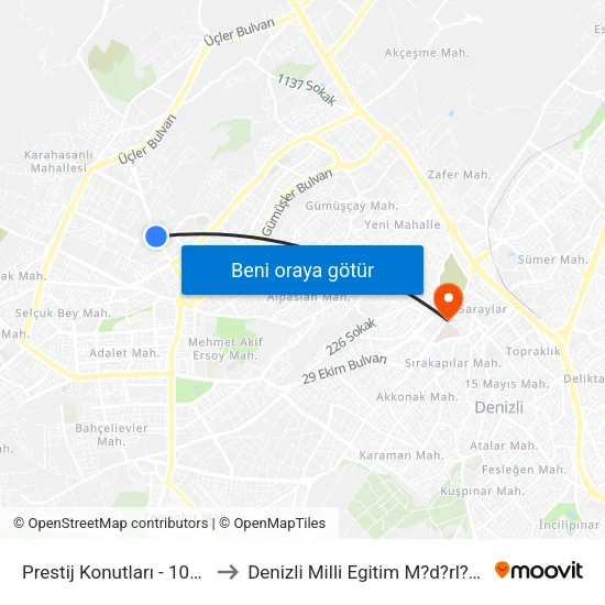 Prestij Konutları - 1022 to Denizli Milli Egitim M?d?rl?g? map