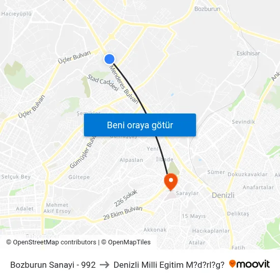 Bozburun Sanayi - 992 to Denizli Milli Egitim M?d?rl?g? map