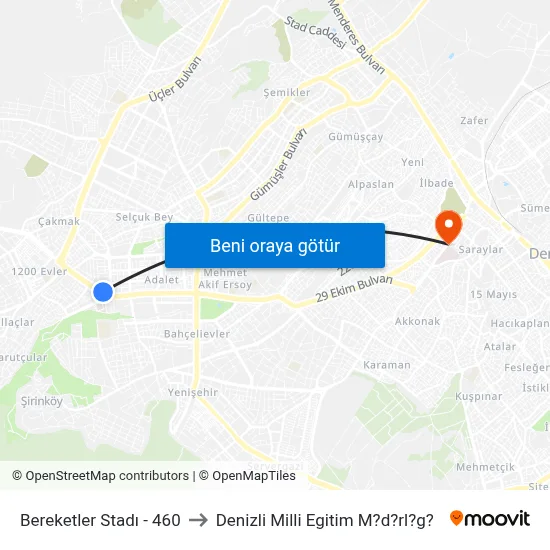 Bereketler Stadı - 460 to Denizli Milli Egitim M?d?rl?g? map