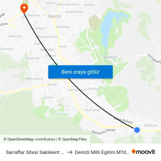 Sarraflar Sitesi Saklıkent - 1383 to Denizli Milli Egitim M?d?rl?g? map
