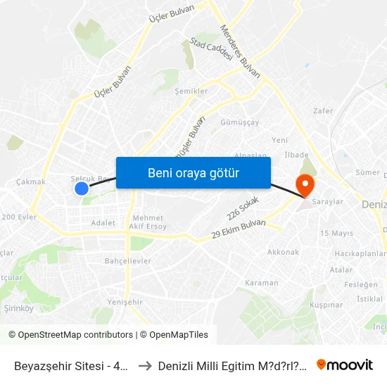 Beyazşehir Sitesi - 482 to Denizli Milli Egitim M?d?rl?g? map