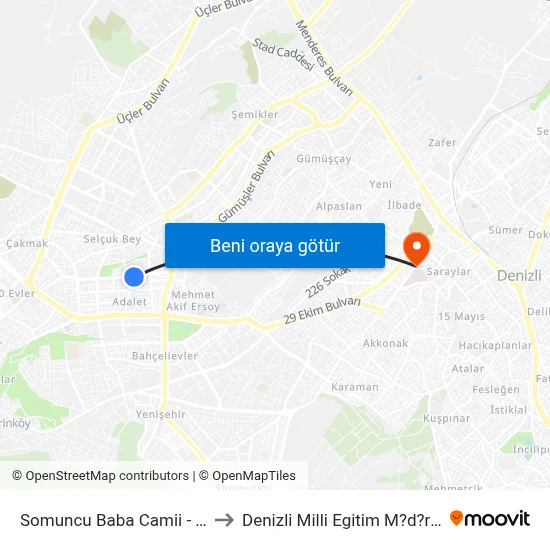 Somuncu Baba Camii - 740 to Denizli Milli Egitim M?d?rl?g? map