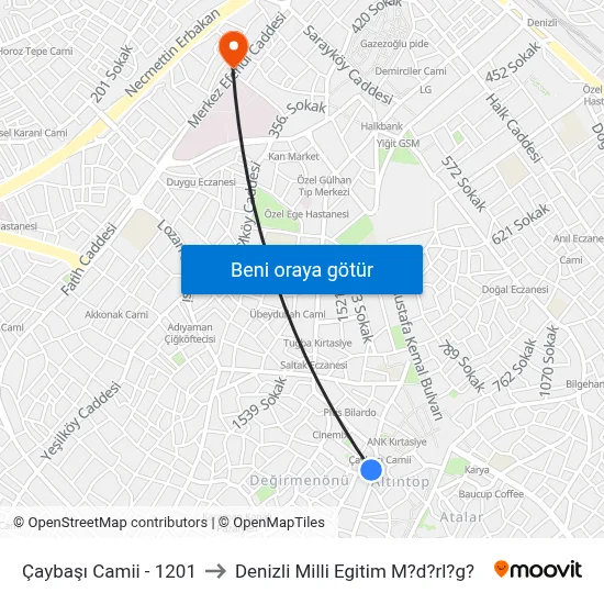 Çaybaşı Camii - 1201 to Denizli Milli Egitim M?d?rl?g? map
