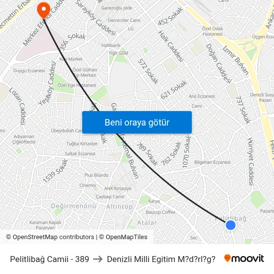 Pelitlibağ Camii - 389 to Denizli Milli Egitim M?d?rl?g? map