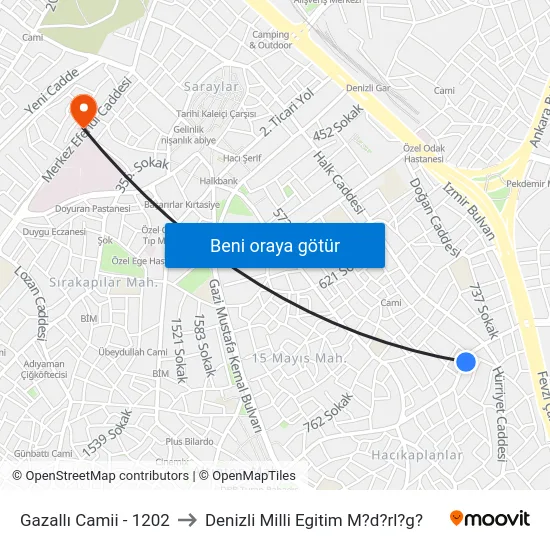 Gazallı Camii - 1202 to Denizli Milli Egitim M?d?rl?g? map