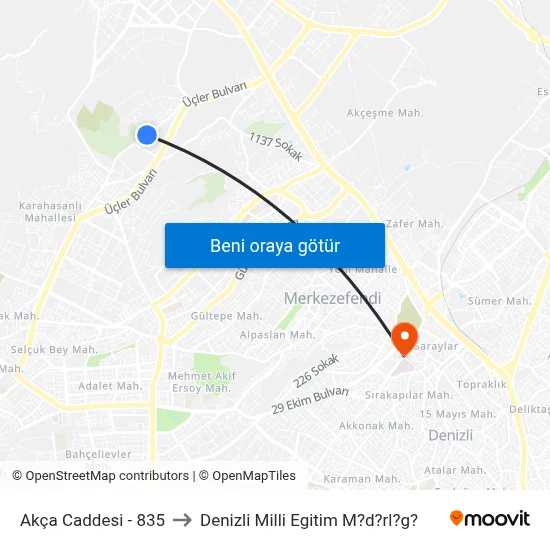 Akça Caddesi - 835 to Denizli Milli Egitim M?d?rl?g? map