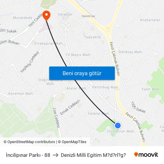 İncilipınar Parkı - 88 to Denizli Milli Egitim M?d?rl?g? map