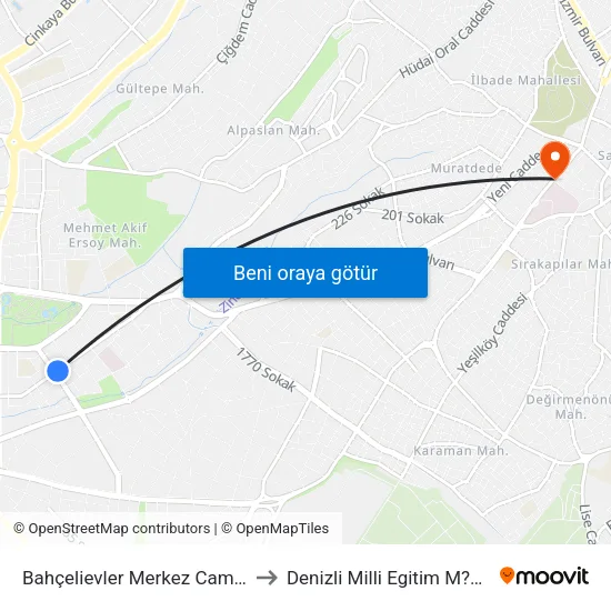 Bahçelievler Merkez Camii - 428 to Denizli Milli Egitim M?d?rl?g? map