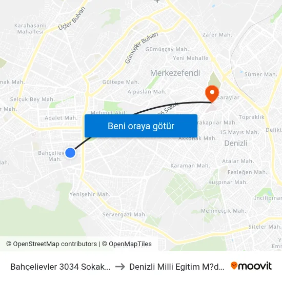 Bahçelievler 3034 Sokak - 425 to Denizli Milli Egitim M?d?rl?g? map