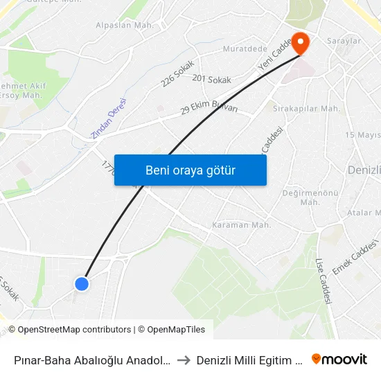 Pınar-Baha Abalıoğlu Anadolu Lisesi - 604 to Denizli Milli Egitim M?d?rl?g? map