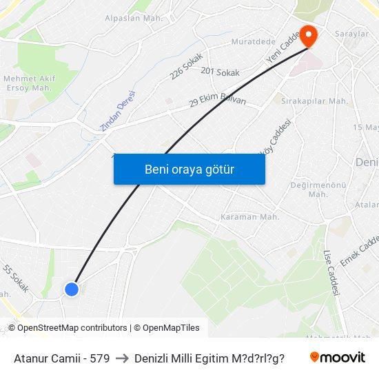 Atanur Camii - 579 to Denizli Milli Egitim M?d?rl?g? map