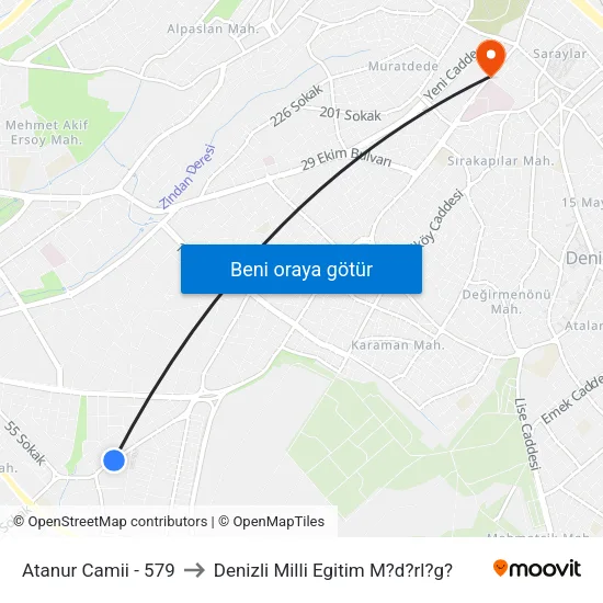 Atanur Camii - 579 to Denizli Milli Egitim M?d?rl?g? map