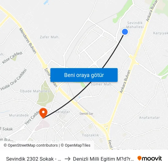 Sevindik 2302 Sokak - 365 to Denizli Milli Egitim M?d?rl?g? map