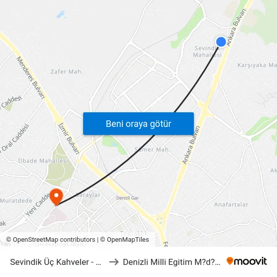 Sevindik Üç Kahveler - 1210 to Denizli Milli Egitim M?d?rl?g? map