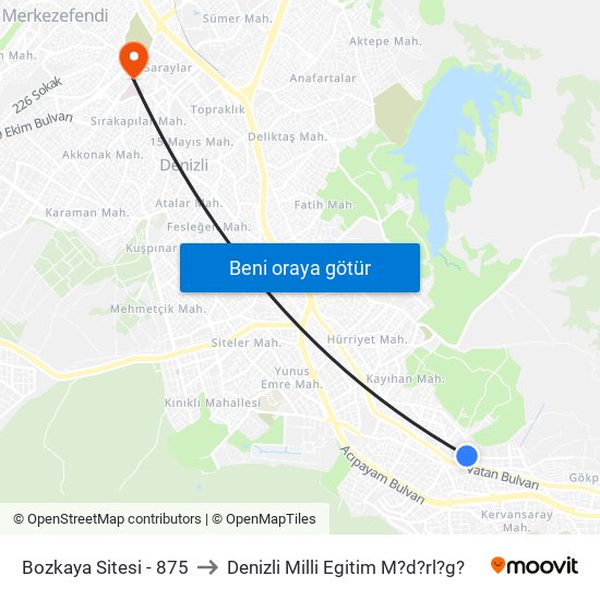 Bozkaya Sitesi - 875 to Denizli Milli Egitim M?d?rl?g? map