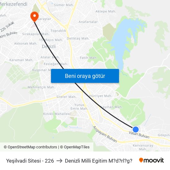 Yeşilvadi Sitesi - 226 to Denizli Milli Egitim M?d?rl?g? map