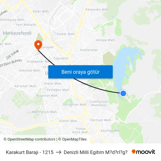 Karakurt Barajı - 1215 to Denizli Milli Egitim M?d?rl?g? map