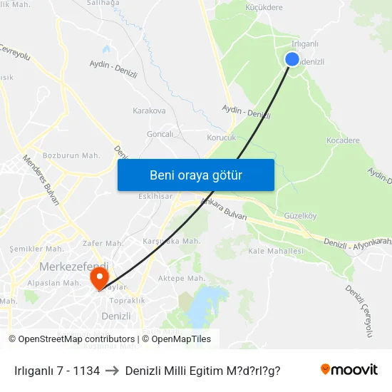 Irlıganlı 7 - 1134 to Denizli Milli Egitim M?d?rl?g? map