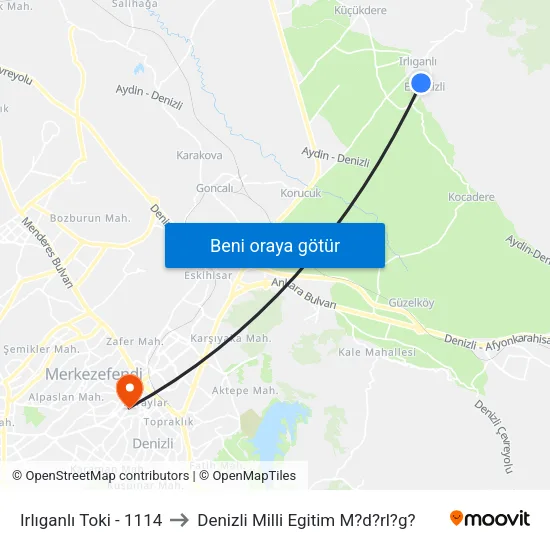 Irlıganlı Toki - 1114 to Denizli Milli Egitim M?d?rl?g? map